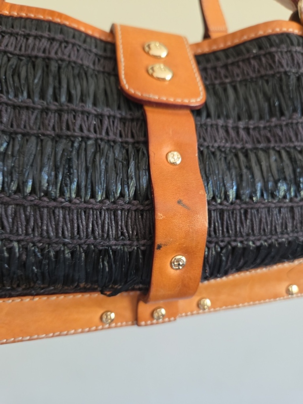 Vintage Kate Spade black straw purse handbag wooden bottom leather trim - Picture 9 of 12